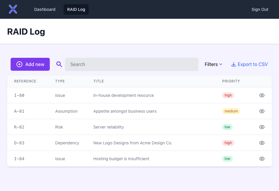 Screenshot of the RAID log screen of the Fluxonomy application, showing a list of RAID log entries